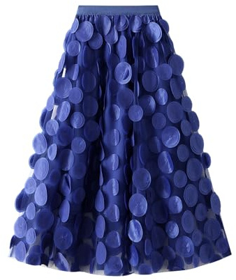 WangsCanis Tüllrock Damen 3D Polka Dot Faltenrock Mesh Flowy Geburtstag Hochzeitsfeier Einfarbig Lang Rock (Blauer, One Size)