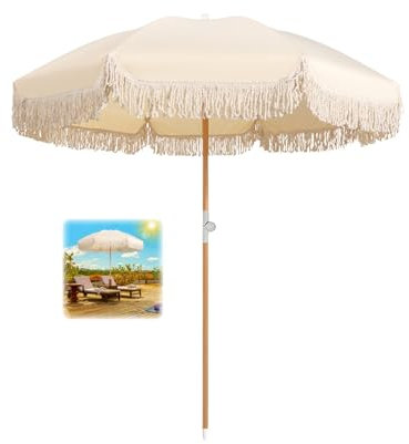 ELZEM Beige Parasol De Jardin Extérieur 180cm Parasol Balcon Avec Frange Parasol Plage Inclinable Parasol De Plage Anti Uv Avec Sac De Transport Pour Balcon Jardin Terrasse Plage