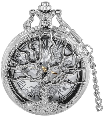 Tiong Silver Hollow Tree of Life Design Pocket Watch Roman Numerals Quartz Pocket Watches with Chain Necklace for Men Women