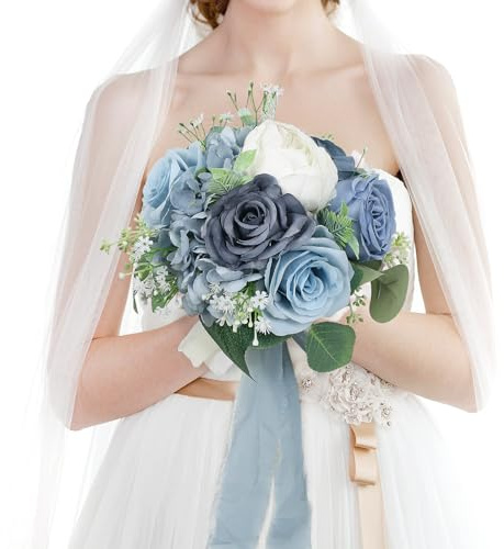 HOMENERGY Wedding Bouquets for Bride - Artificial Bridal Bouquets Pre-Made Roses Flower Bouquets for Vintage Wedding or Centerpieces Decoration - Dusty Blue & White