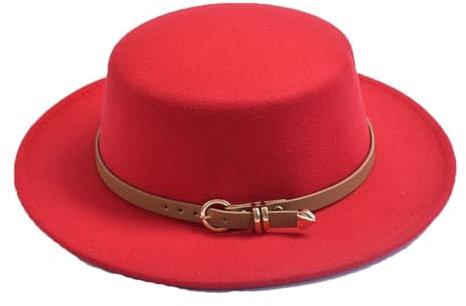 Pegsmio Fedora-Hut für Damen, Winter, flache Oberseite, Hochzeit, Kirche, Bowler-Cap, elegante Ferienmütze, rot, Einheitsgröße