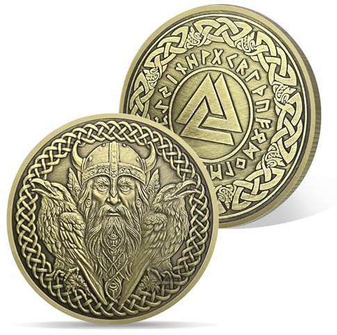 AtSKnSK Wikinger Münze Lebensbaum Odin Wolf Odin Rabe Wikinger Chips Medaillon Gedenk Münze Nordische Runen Mythologie Krieger Symbol Amulett Wikinger Geschenke für Männer Damen (Odin Raven)