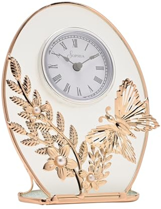 Sophia Classic Collection - Gold Butterfly Quartz Mantel Clock | Embossed Floral Design Beautiful Home Decor Gifting for Living Room, Bedroom or Dining Room. H:16.5 x W:12.5 x D:4.5 cm