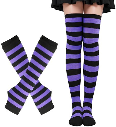 Lufdegim Thigh Highs - Calze lunghe da donna, per costume, A strisce viola e nere, Taglia unica