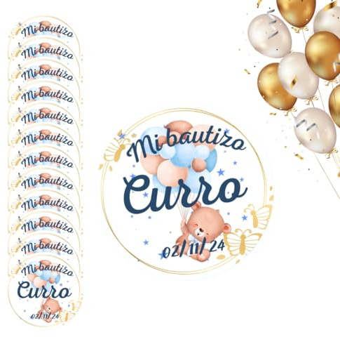 Pegatinas personalizadas para bautizo, 84 unidades de 3 cm, 48 de 4 cm o 33 de 5 cm, con topper decorativo para tarta (11, 5cm)