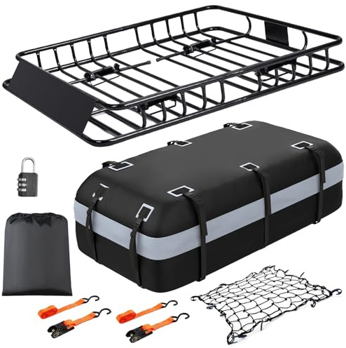 Heavy Duty Universal Rooftop Cargo Carrier Roof Rack, 64x36x5 Roof Rack Basket with 20 Cu.Ft Waterproof Bag, for SUV, Truck and Van, 250lbs Capacity, Corrosion Resistant (ROOF 64 and Bag)