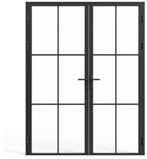Vente-unique-Puerta de doble hoja de aluminio y vidrio templado - 2 x Alt. 204 x L93 cm - Negro - SEROTO
