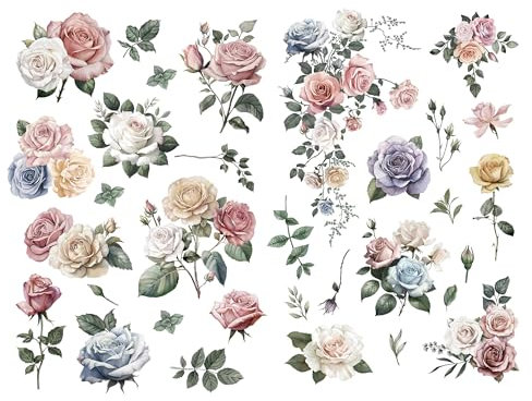 Joeyan Floral Rub On Transfers for Furniture and Crafts, 2 Large Vintage Watercolor Roses Design Sheets 43 x 30 CM, DIY Home Decal on Wood Glass Metal Canvas Porcelain Paper Plastic, Rose Garden