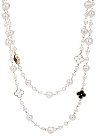 AOWVUTS Långt pärlhalsband falska pärlor halsband set fyrklöver lager pärlhalsband elegant dam lång tröja kedja pärlor halsband födelsedag bröllop fest tillbehör kostym smycken, En storlek, Perle,