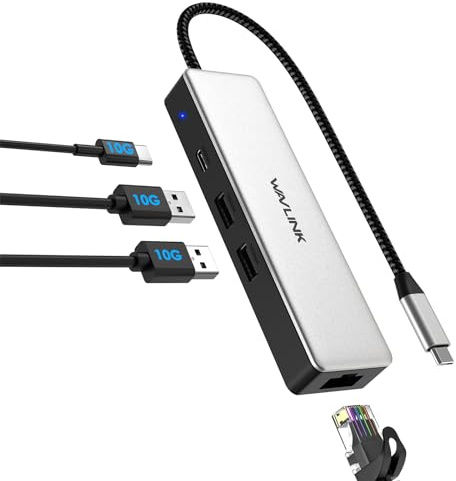 WAVLINK USB-C-zu-Ethernet-Adapter, 10-Gbit/s-Hub mit 1* USB-C, 2* USB-A, 2,5-Gbit/s-Ethernet-Anschluss für Laptops, Typ C (Thunderbolt 4/3-kompatibel) zum Netzwerk für MacBook, iPad, HP, XPS, Windows