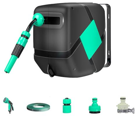 Buhelyc Retractable Hose Reel Wall Mounted Hose Reel Set Smooth Retraction 180 Deg Swivel Any Length Lock Tangle-Free for Outside, Yard(Size:30m+Water gun)