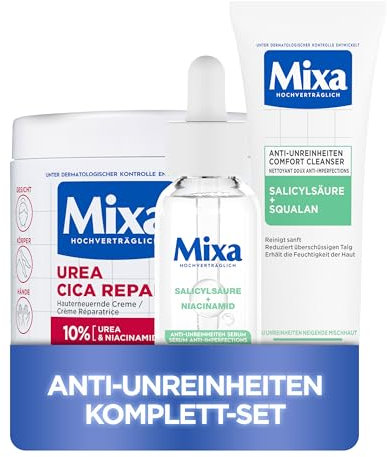Mixa Anti-Unreinheiten Komplett-Set: Sanfte Reinigung, Serum & Urea Cica für ein klares, beruhigtes Hautbild ohne Trockenheit. Bekämpft Unreinheiten, verfeinert Poren & spendet Feuchtigkeit!