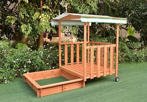 Mucola Sandkasten rollbar Sandbox mit Abdeckung und Sonnenschutz aus Holz für Kinder, 182 x 100 x 140, mit Veranda und Geländer - Grün