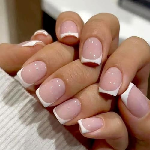 Virellay 24 Pcs Kurze French Press On Nails, Square Kunstnägel Zum Aufkleben French, Künstliche Fingernägel Kurz mit Nagelkleber, Falsche Nägel für Frauen DIY zu Hause