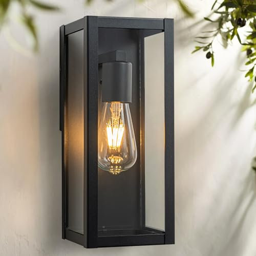 FTL Applique Murale E27 Extérieure Lanterne, Noir Mat Luminaire Exterieur, Jardin Lampe Exterieur avec Abat-Jour en Verre Transparent, IP44 Etanche Porche Éclairage Mural d'Extérieur pour Terrasse
