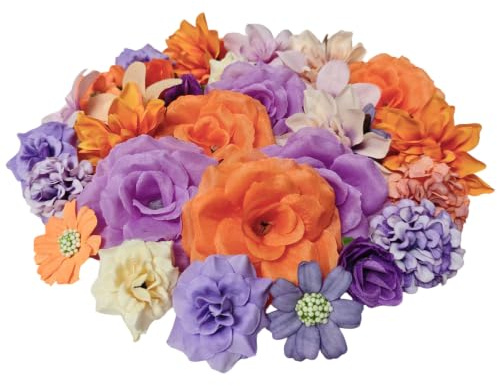 CIRenchen 42 Stück Kunstblumen zum Basteln Künstliche Blumenköpfe 3~8cm, Mini Deko Blumen Künstlich Mini Seidenblumen für DIY-Bastelarbeiten Hochzeitsdeko Tortendeko und Scrapbooking (Orange + Lila)