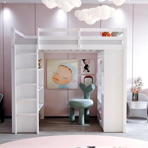 Generisch Hochbett 90 x 200 cm mit Mehreren Ablageflächen, einfachen Kleiderbügeln und Ablagefächern, Lieferung inkl. 1 herausnehmbarem Ordnungswagen, viel Stauraum, Jugendbett, Einzelbett, weiß