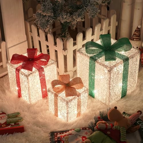Lypumso Juego de 3 Cajas de Regalo Navidad con Luces, 50Leds Cajas Decorativas Navidad Iluminadas 8 Modos con Control Remoto, Cajas Regalo LED para Decoracion Navideña, árbol de Navidad, Fiesta