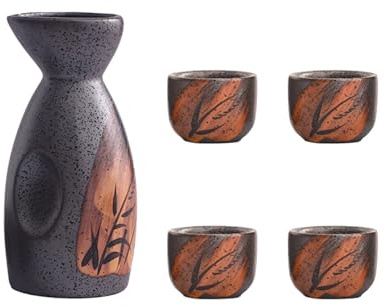 CVNIMV Keramik-Sake-Set, 5-teilig, klein, Keramik, traditionelles Japanisches Sake-Becher-Set, handbemaltes Design, Porzellan, Keramik, Weingläser, mit 4 Sake-Bechern, 1 Sake-Topf (Braun)