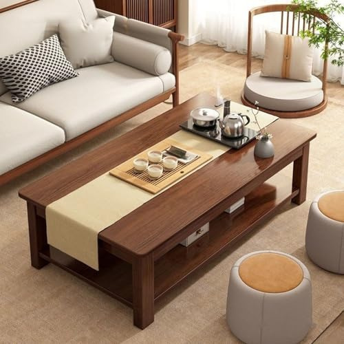 ZJHAHJY Table basse rectangulaire à 2 niveaux avec rangement, tables centrales de salon avec pieds en bois massif, rectangulaire moderne de ferme, thé massif pour le petit espace, noyer, 80 x 50 cm