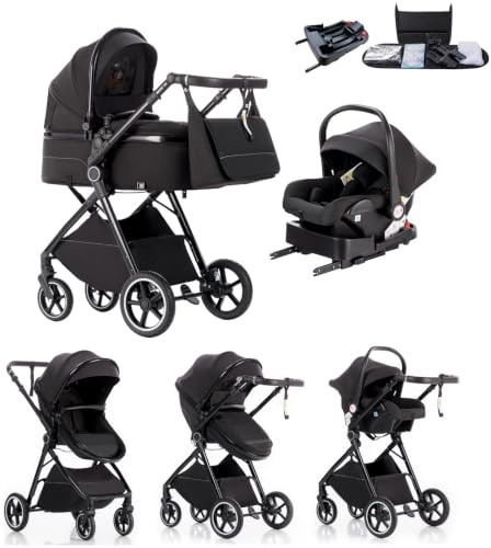 Kakbgee 3 in 1 Kinderwagen, Buggy Kompakte Faltbar,Höhenverstellbarer Griff | Babyschale mit Basis, 4-Rad Federung, Regenschutz, Moskitonetz, Kombikinderwagen für Neugeborene 0-3 Jahre, 15kg, Schwarz
