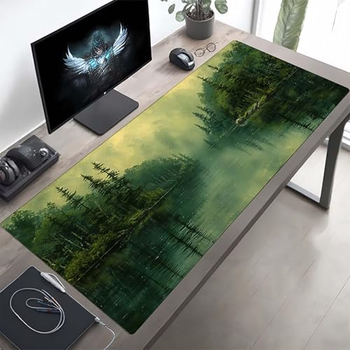 Gaming Mauspad 120 x 60cm Gaming Mousepad XXL Wald Grün Mauspad Schreibtischauflage, Genähte Kanten Mausmat, rutschfeste Gummibasis, Schreibtisch Schutz für Home Büro, Geschenke PjY7798 6-7