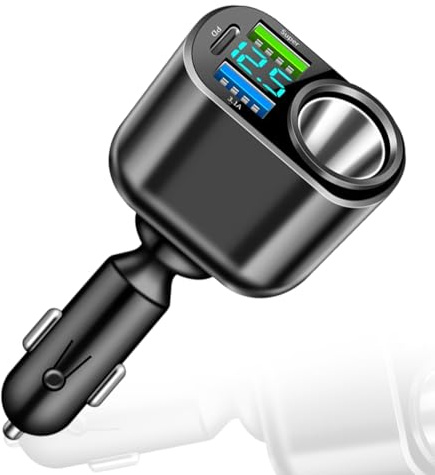 4 in 1 Auto Ladegerät Zigarettenanzünder Verteiler Adapter Splitter, 90W Autoladegerät Zigarettenanzünder, 30W PD USB Port, 66W Superschnelles Aufladen für Handy GPS Dash Kamera, mit LED Voltmeter