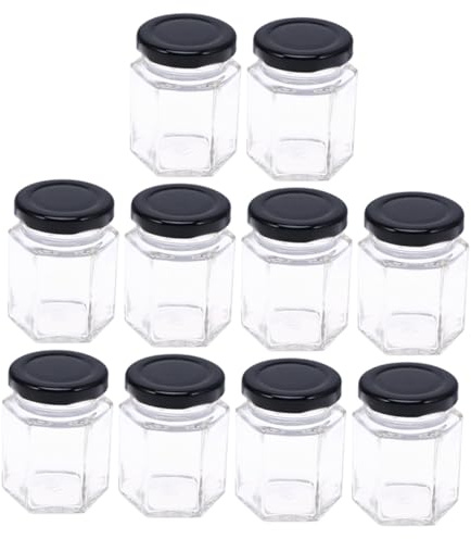 LALADEFIEE 10 Stück Sechseckige Glas Vorratsbehälter 85ml Zuckertank Honigaufbewahrungsflasche Transparent aus Glas für Küche und Haushalt