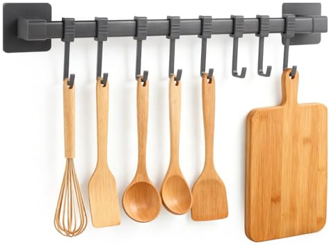 KAGHSTH Hakenleiste küche, 8 Haken Küchenleiste selbstklebend Küche Hängeleiste Stange für Küchenutensilien, 40 cm lang, 20 kg Tragfähigkeit, Abnehmbare rostfreie hakenleiste für Küchenutensilien