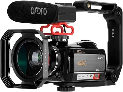 ORDRO Caméscope 4K Ultra HD AC5 avec Zoom Optique 12x, Microphone Externe, Objectif Grand Angle et Carte SD 32 Go - Idéal pour Le vlogging