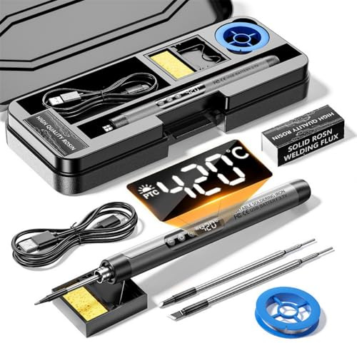 Akku Lötkolben Set, USB Wiederaufladbar Lötkolben mit LCD, Keramischem Heizkern, Einstellbare Temperatur 200-450℃, 3 Lötspitzen, Mini Lötstation für Kleiner Reparatur wie Leiterplatten & Schmuck