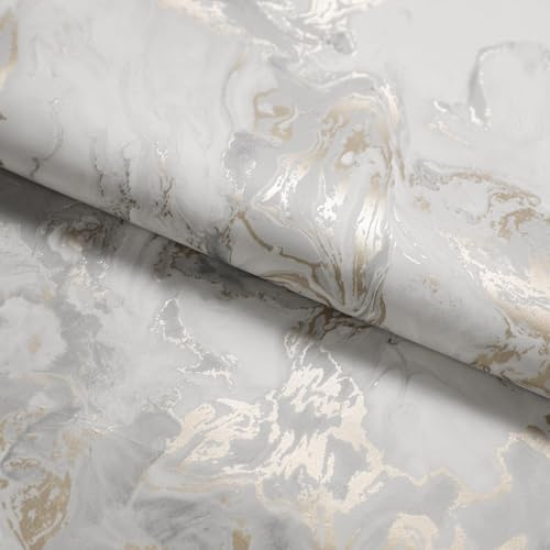 Fiula Luxury Marble Peel and Stick Wallpaper, Silver & Gold Metallic Swirl Self Adhesive Contact Paper, Removable Vinyl Wallpaper for Feature Wall, Bedroom, Living Room & Furniture, 44cm x 300cm