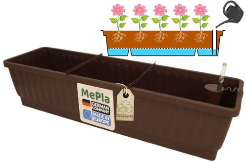 MePla - XXL Balkonkasten Venezia 80 cm Braun mit Wasserspeicher incl. Wasserstandsanzeiger – Made in Germany – langlebig, selbstbewässernd und direkt bepflanzbar