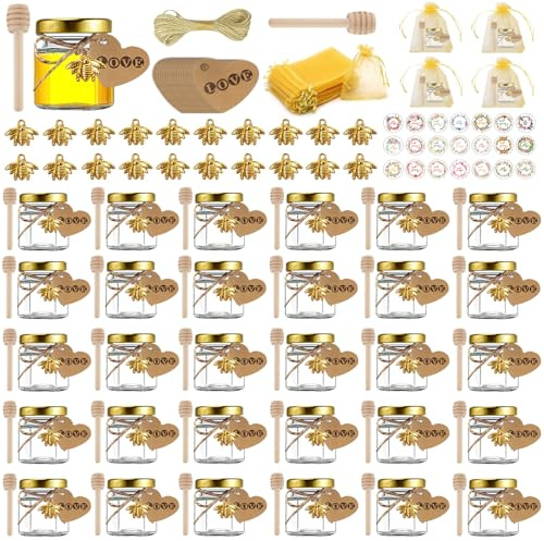 JOTOL 30 piezas Mini Hexagonales Tarros de Miel de Cristal,mini tarros de miel hexagonales de 45ml con tapa de rosca,Tarro De Miel De Vidrio,Tapas doradas,Colgantes de abeja