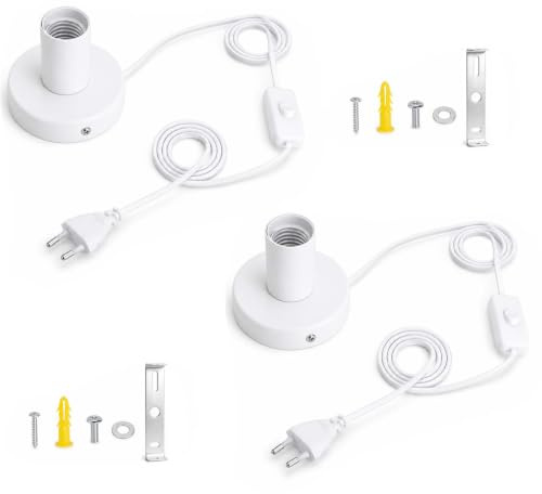2 Pièces Douille E27 avec Interrupteur, Support Ampoule E27 - Pied de Lampe Sans Abat Jour, Câble 1,8 m avec Prise Européenne, Blanc pour Lampe de Chevet et Déco Rétro