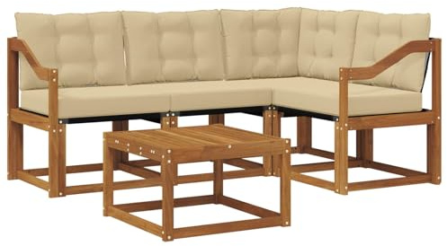 HETFTJN Gartenmöbel Set aus Akazienholz, Outdoor Sofagarnitur mit Lounge-Sofa und Tisch, Bequeme Gartensitzgruppe für Terrasse und Garten, Natur und Beige