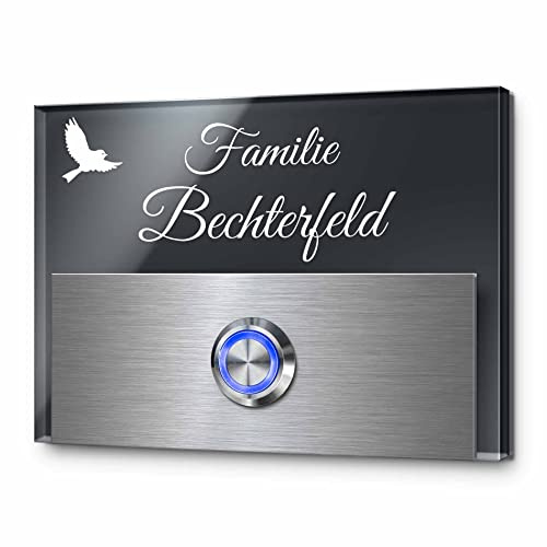 Türklingel mit Gravur LED-Klingelknopf und über 99 Motive 11x8 cm | Modell: Bechterfeld-Aa | gravierte Klingel aus Hochglanz Acrylglas und Edelstahl Klingelschild