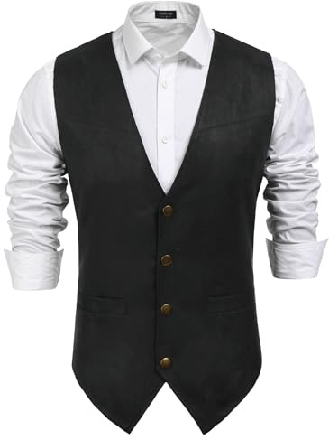 COOFANDY Men's Cowboy Leather Vest Suede Western Vest Casual Wedding Waistcoat, Black, XX-Large