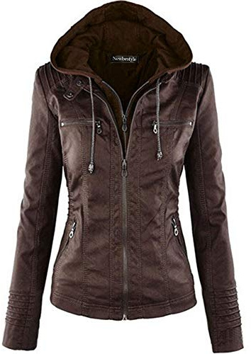 Newbestyle Kunstlederjacke für Damen mit Kapuze, Motorrad-Bikerjacke, durchgehender Reißverschluss, plissierte Übergangsmantel, lässiger Mantel, warme Oberteile, dunkelbraun, 38