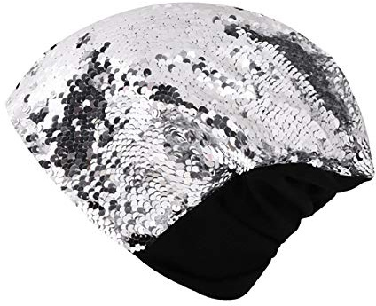 Eilova Orityle Women Glitter Slouchy Beanie Hat Reversible Sequins Trubans Baggy Skull Cap Hats Silver