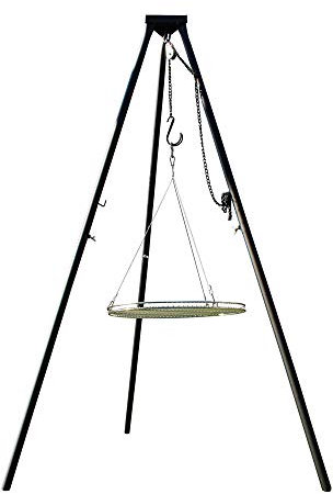 Massives 180 cm Stahl Dreibein Benny + EDELSTAHL Grill Ø 55 cm mit Seil nur 10 mm lichter Stababstand Schwenkgrill für Gulaschkessel Gulaschtopf Schwenker BBQ Geschenk Geburtstag Weihnachten