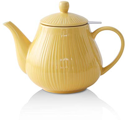 KOOV Ceramic Teapot with Infuser, 40 ounce Tea Pot with Infuser for Loose Tea, Large Enough For 6 Cups, Striped Series (Lemon)