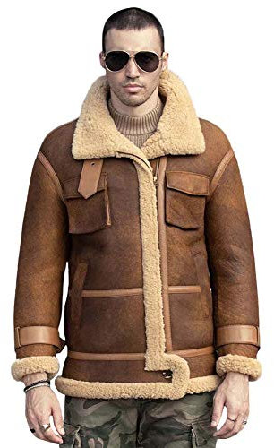 2020 Herren B3 Schaffell Schaffell Schaffell Jacke Lange Pelz Mantel Braun Lederjacke Warmste Wintermäntel Gr. XXL, Retro Braun
