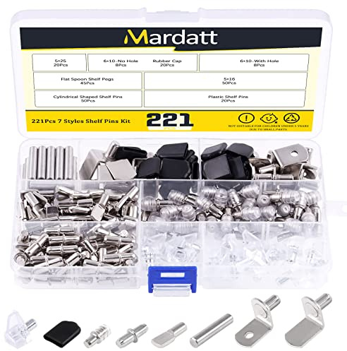 Mardatt 221 Pcs 7 Type Shelf Pins Kit with 5mm and 6mm Cylindrical/Flat Spoon/Dowel Pins/L-Shaped Shelf Bracket Pegs Shelf Pins Support for Kitchen Cabinet Bookcase Furniture
