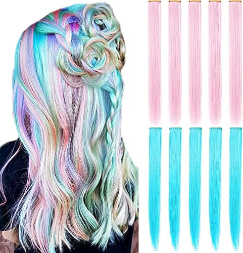 LVSHANGMAO 10 Stück farbige Haarverlängerungen, mehrfarbige Party-Highlights Clip in synthetische Haarverlängerungen 21 Zoll (Himmelblau hellrosa)