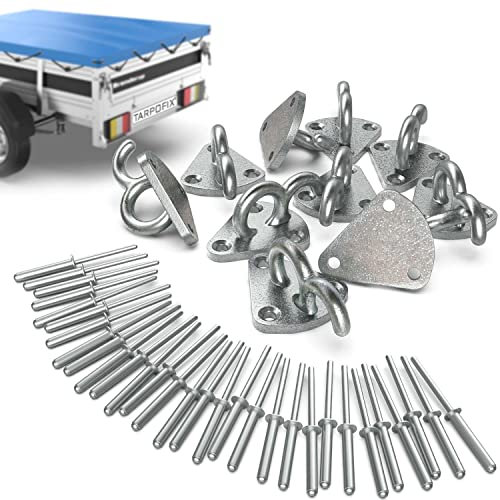 Tarpofix® ganchos de tres agujeros incl. remaches para lona y red de remolque (10 uds) | Ganchos agujeros de hierro fundido galvanizado | Ganchos robustos de tres agujeros para el lateral del remolque