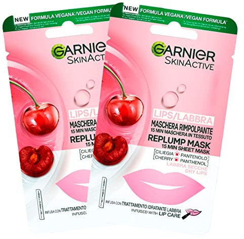 2x Garnier Skinactive Maschera Labbra Secche Rimpolpante in Tessuto Gusto Ciliegia - 2 Confezioni con 1 Trattamento Monouso