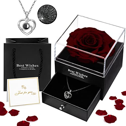 Oauir Gusix Ewige Echte Rose, Schmuck-Geschenkbox mit I Love You Halskette in 100 Sprachen Konservierte Rosen Blumen Freundin Frau Frauen zum Geburtstag Muttertag Hochzeit Jahrestag