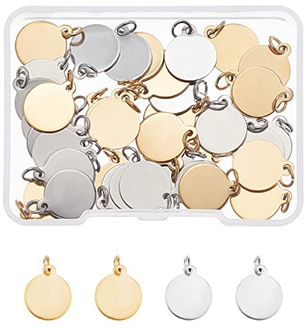 SUPERFINDINGS 40 Stück 2 Farbige Blanko Stempel Nachricht Wortanhänger 14.5x12mm 304 Flache Runde Edelstahl Anhänger Mit Biegeringen Goldener Edelstahl Farbstempel Anhänger