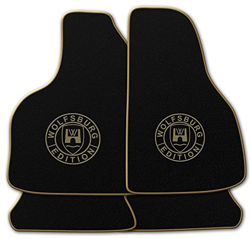 AUTOTEPPICH-Stylers Velours Schwarze Fußmatten passend für VW Golf 4 mit LOGO Wolfsburg Edition WOB und Rand in beige
